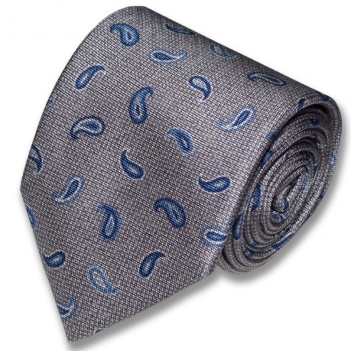Szary krawat jedwabny z niebieskim printem typu paisley OSOVSKI SP1827 8cm